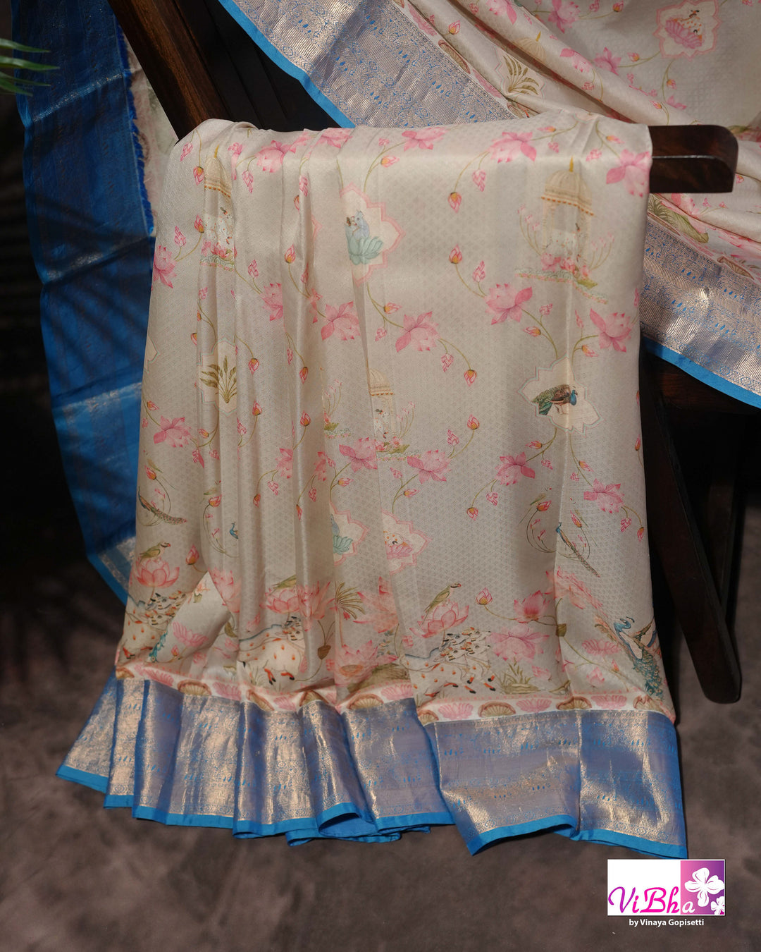 Grey &amp; Sky Blue Kanchi Soft Silk Pichwai