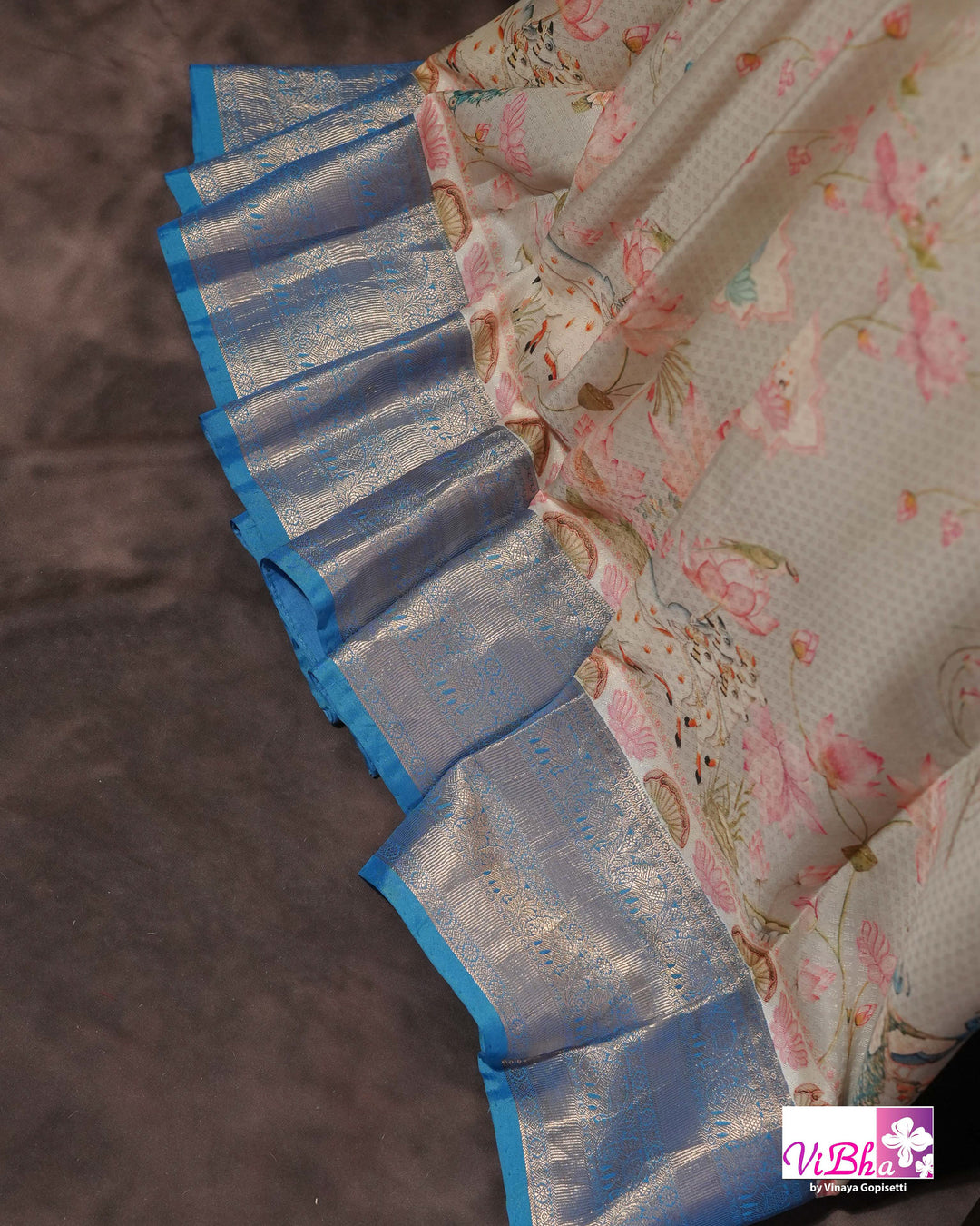 Grey &amp; Sky Blue Kanchi Soft Silk Pichwai