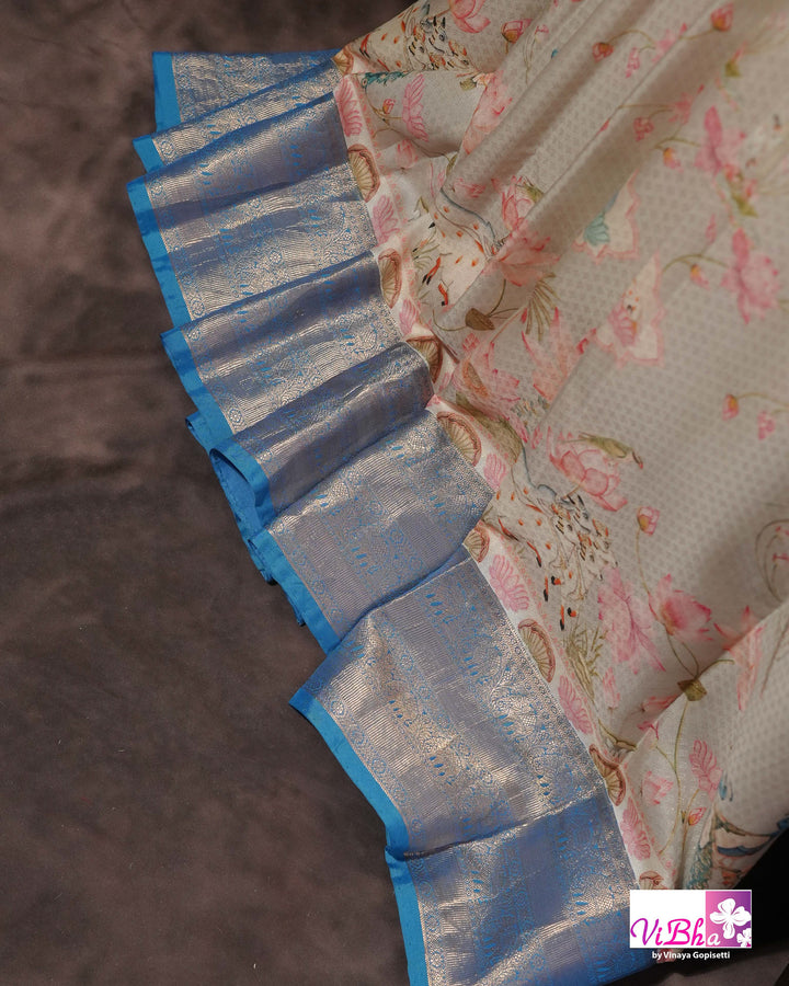 Grey &amp; Sky Blue Kanchi Soft Silk Pichwai