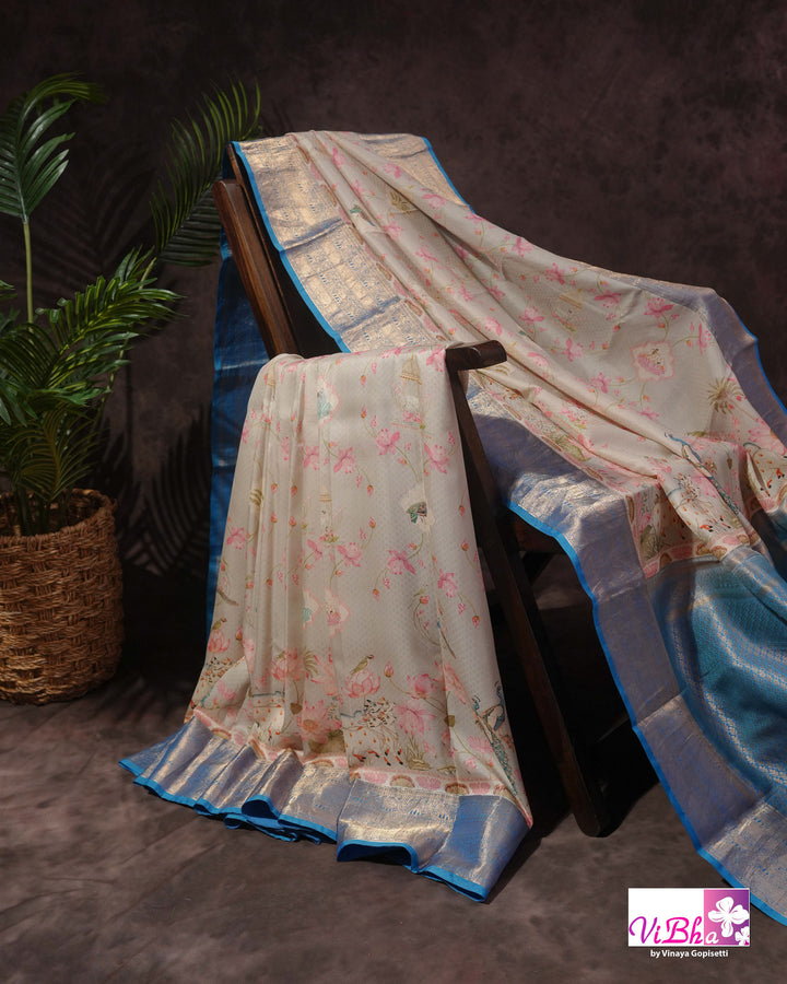 Grey &amp; Sky Blue Kanchi Soft Silk Pichwai