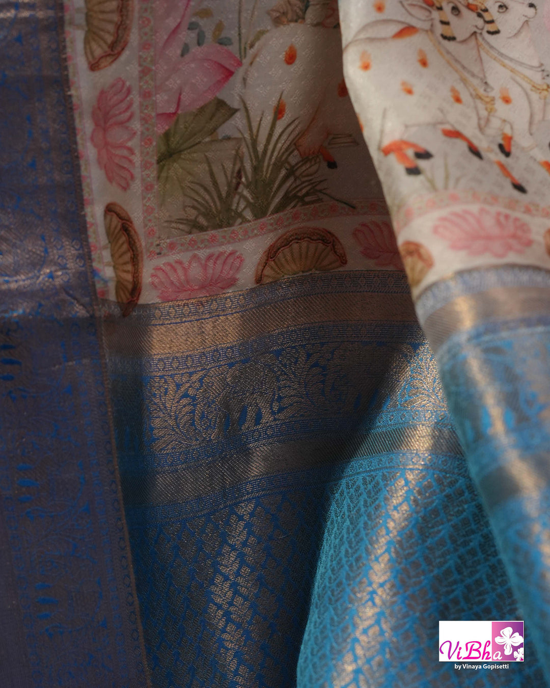 Grey &amp; Sky Blue Kanchi Soft Silk Pichwai