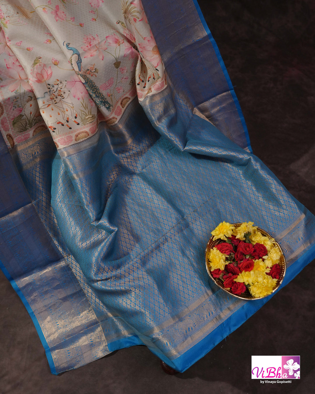 Grey &amp; Sky Blue Kanchi Soft Silk Pichwai