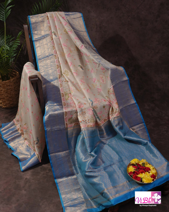Grey &amp; Sky Blue Kanchi Soft Silk Pichwai