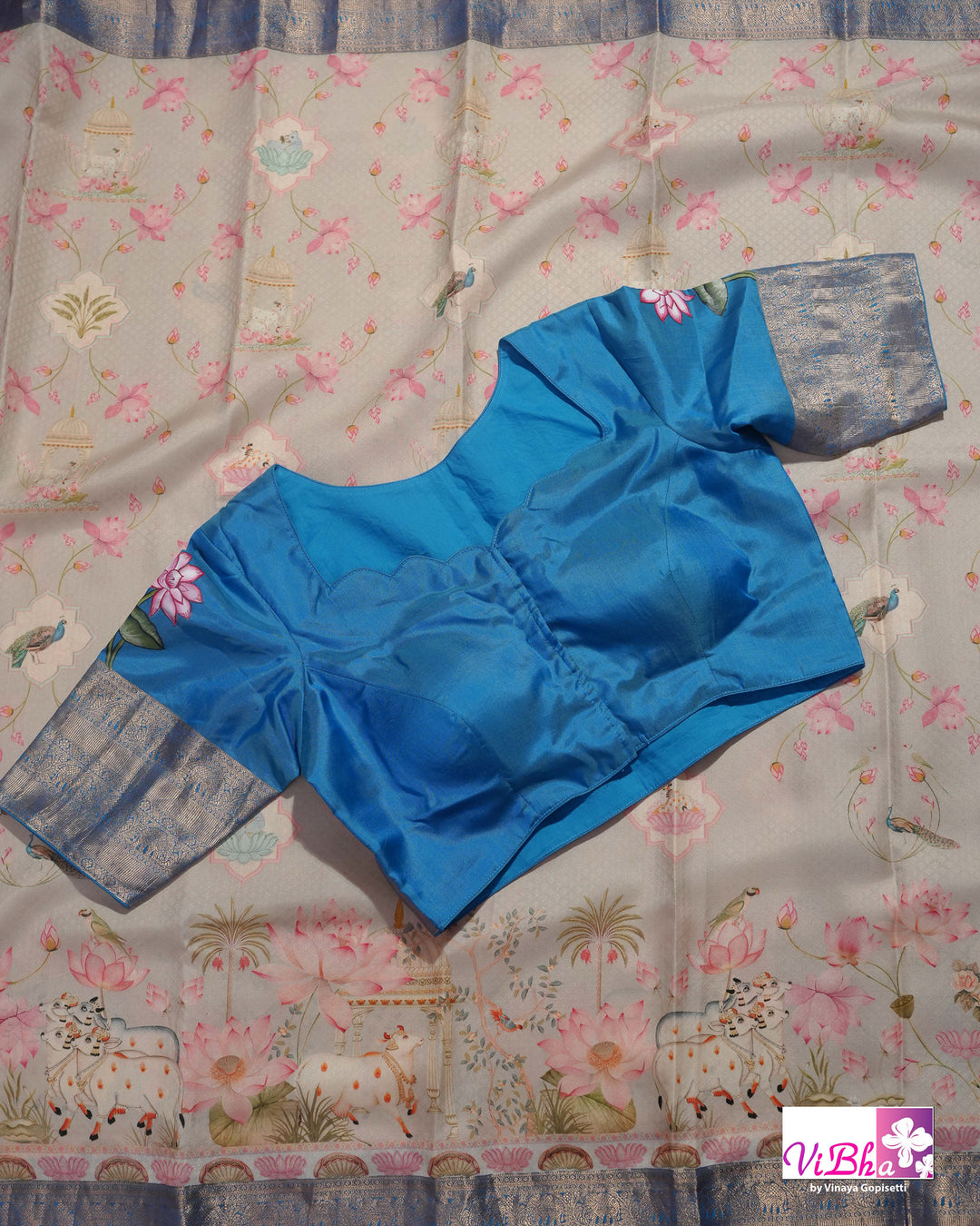 Grey &amp; Sky Blue Kanchi Soft Silk Pichwai