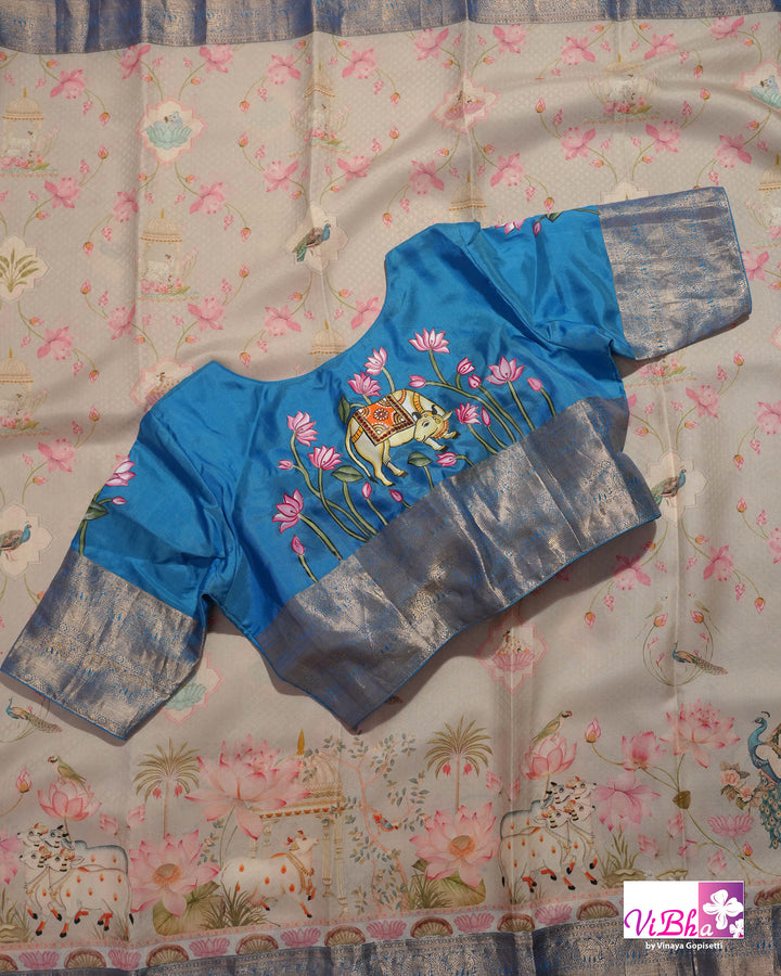 Grey &amp; Sky Blue Kanchi Soft Silk Pichwai