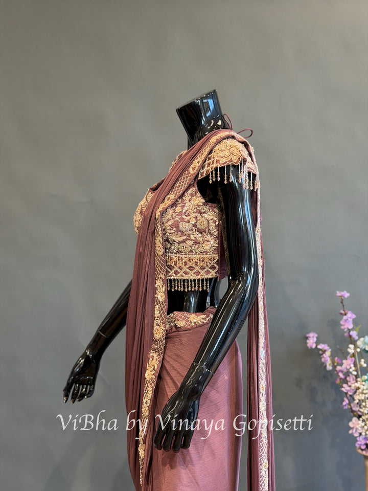 Dark Mauve Skirt Style Embroidered Drape Saree