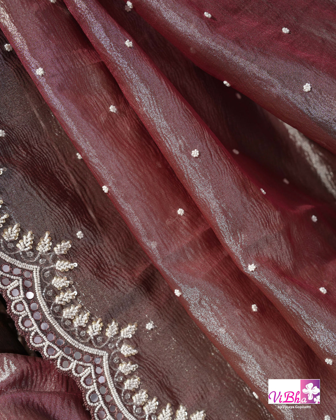 Rose Mauve Shimmer Designer Saree with Embellished Scalloped Leaf Border