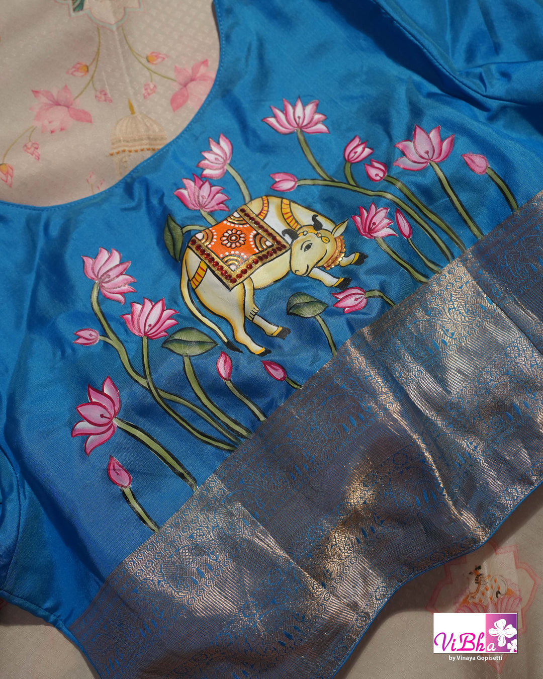 Grey &amp; Sky Blue Kanchi Soft Silk Pichwai
