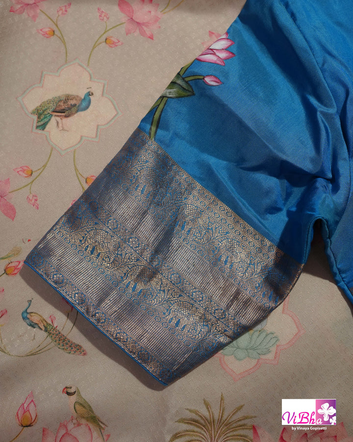 Grey &amp; Sky Blue Kanchi Soft Silk Pichwai
