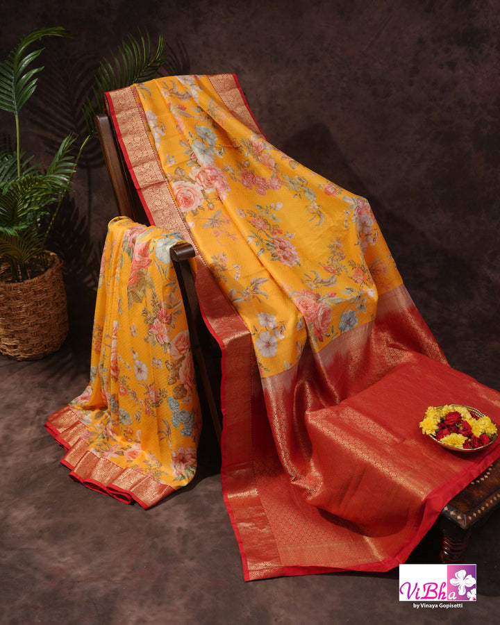 Yellow Kanchi Soft Silk with Floral Design