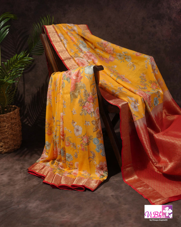 Yellow Kanchi Soft Silk with Floral Design