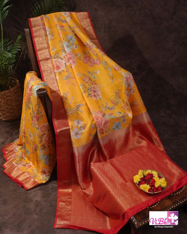Yellow Kanchi Soft Silk with Floral Design
