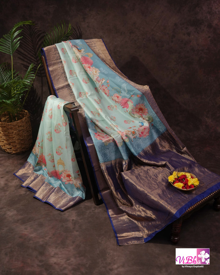 Light &amp; Dark Blue Kanchi Soft silk Pichwai