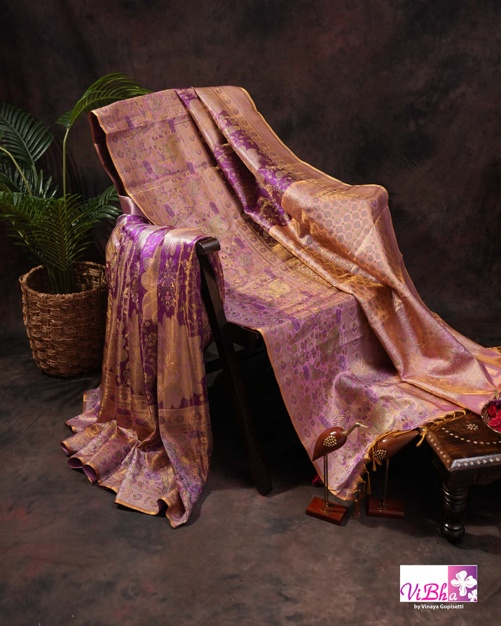 Lavender Purple Bridal Kanchi Silk Saree with Intricate Meenakari Weaving and Blouse