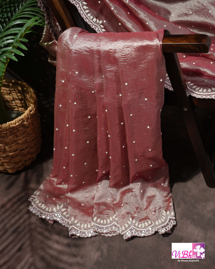 Rose Mauve Shimmer Designer Saree with Embellished Scalloped Leaf Border