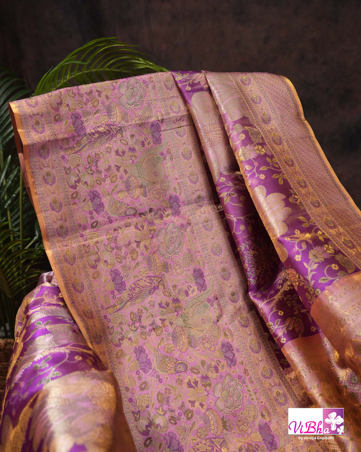 Lavender Purple Bridal Kanchi Silk Saree with Intricate Meenakari Weaving and Blouse