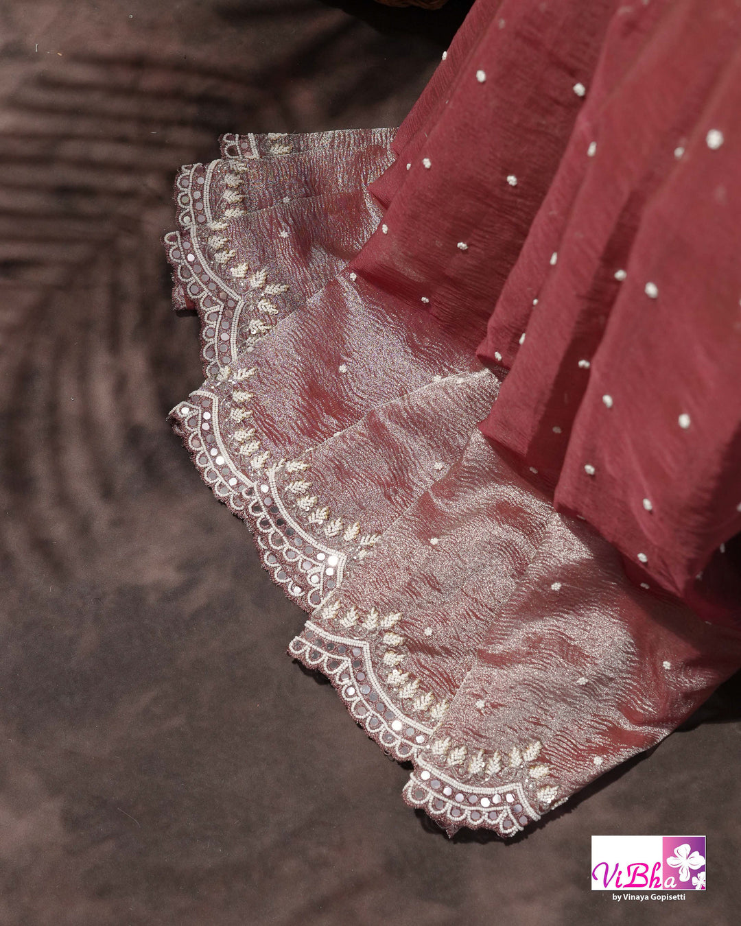 Rose Mauve Shimmer Designer Saree with Embellished Scalloped Leaf Border