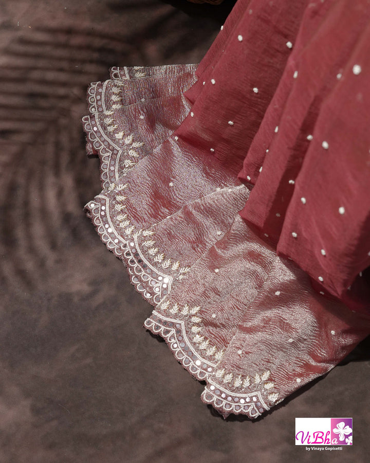 Rose Mauve Shimmer Designer Saree with Embellished Scalloped Leaf Border