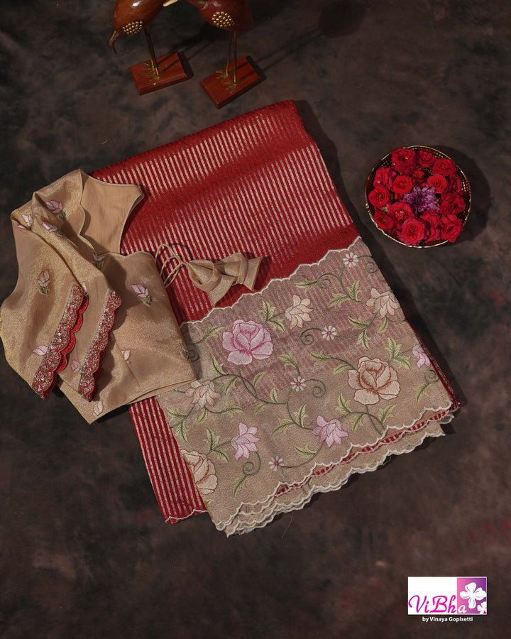 Red fancy banarasi with embroidered border