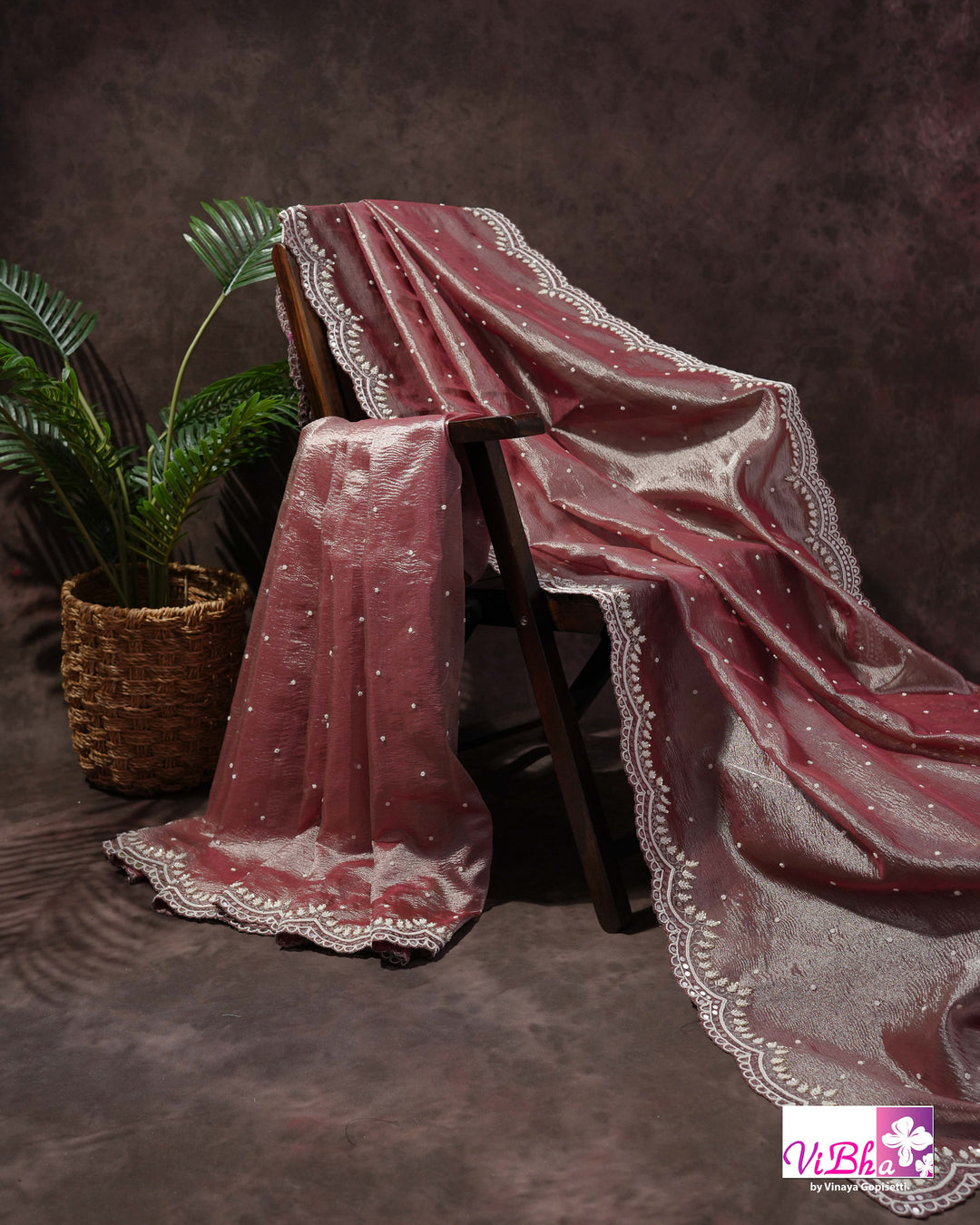 Rose Mauve Shimmer Designer Saree with Embellished Scalloped Leaf Border