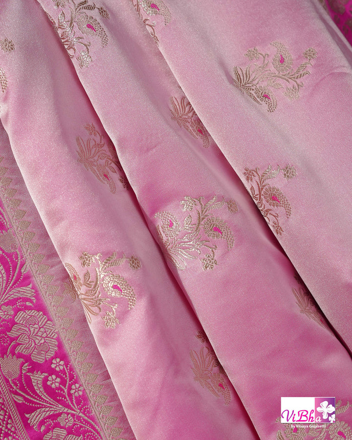 Light and dark pink with blue edge Banarasi silk saree