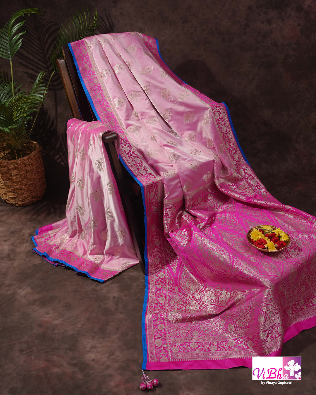Light and dark pink with blue edge Banarasi silk saree