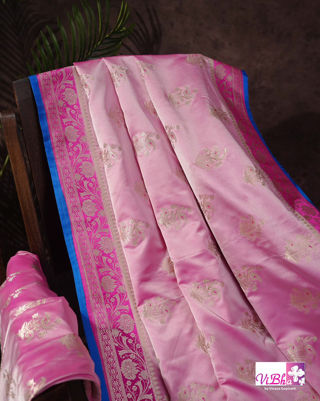 Light and dark pink with blue edge Banarasi silk saree