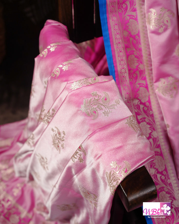 Light and dark pink with blue edge Banarasi silk saree