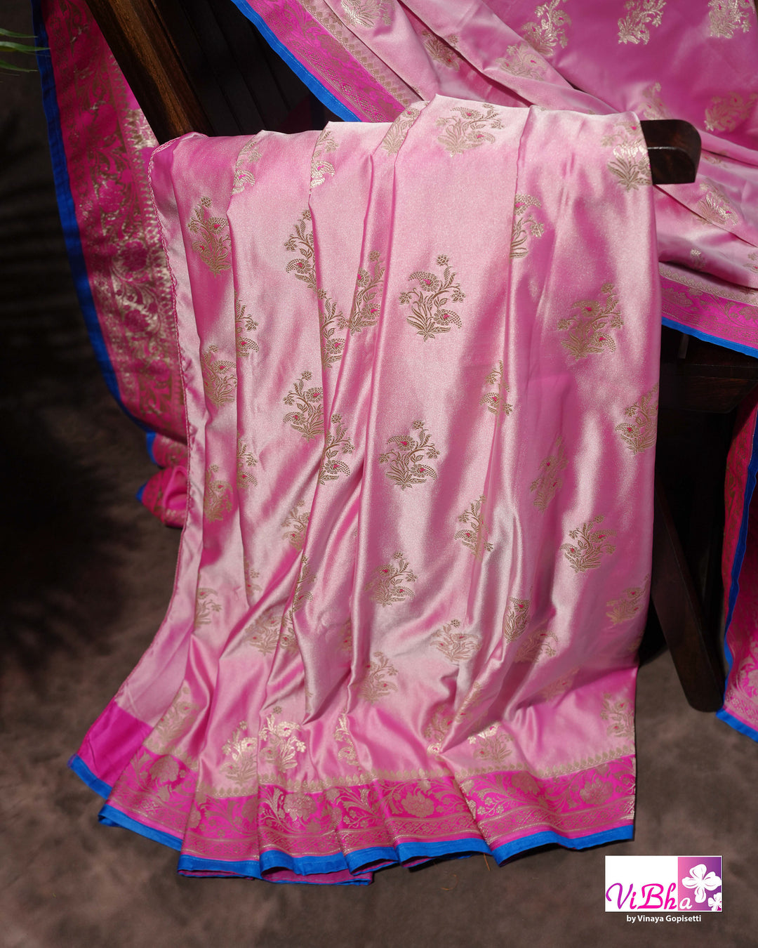 Light and dark pink with blue edge Banarasi silk saree