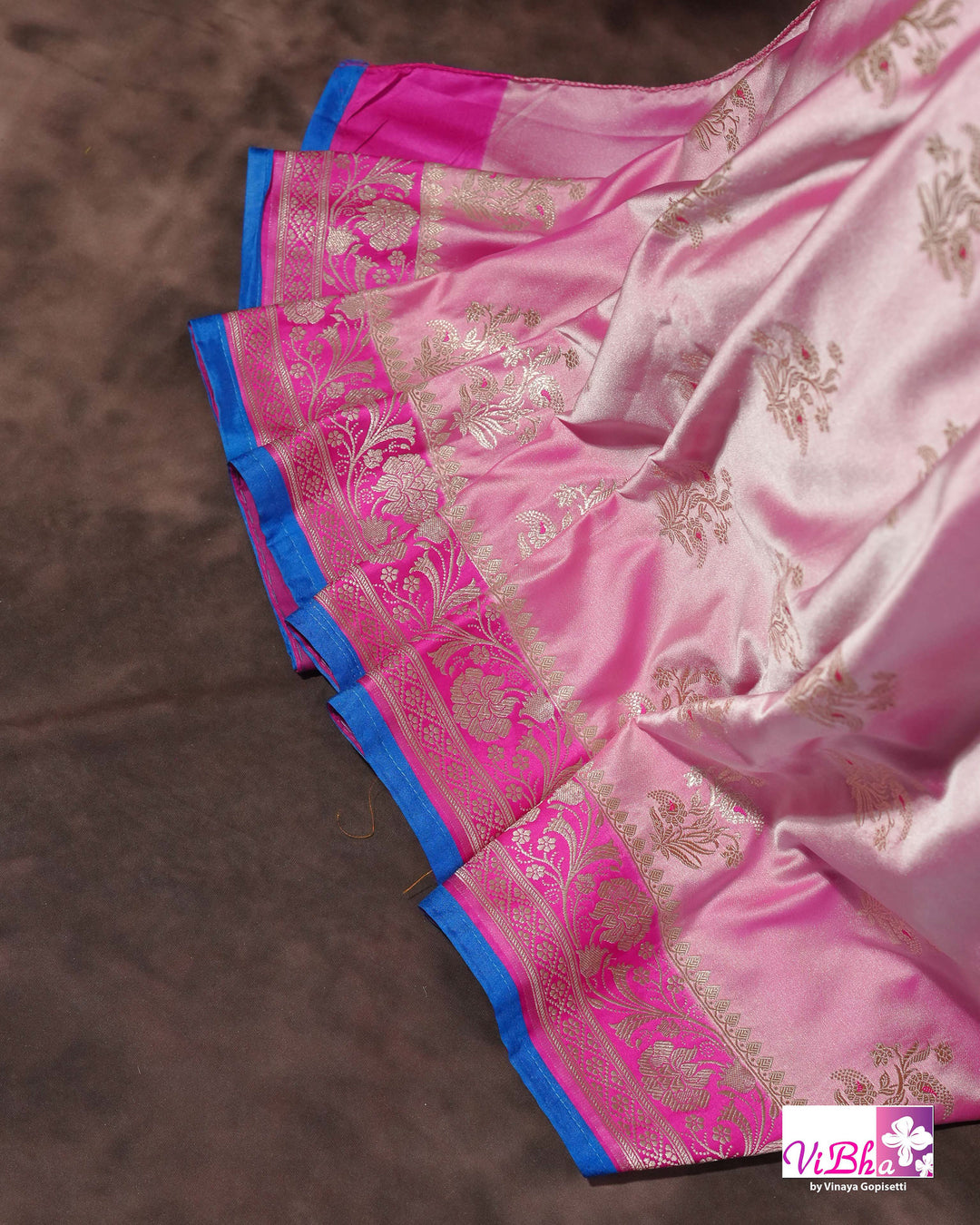 Light and dark pink with blue edge Banarasi silk saree