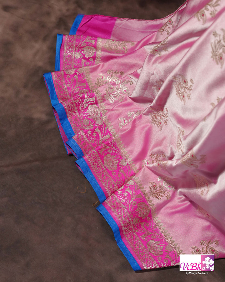 Light and dark pink with blue edge Banarasi silk saree