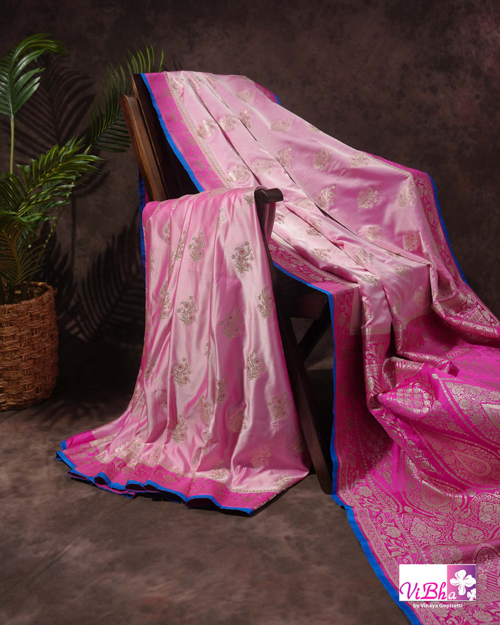 Light and dark pink with blue edge Banarasi silk saree
