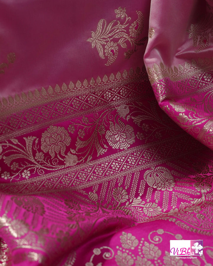 Light and dark pink with blue edge Banarasi silk saree