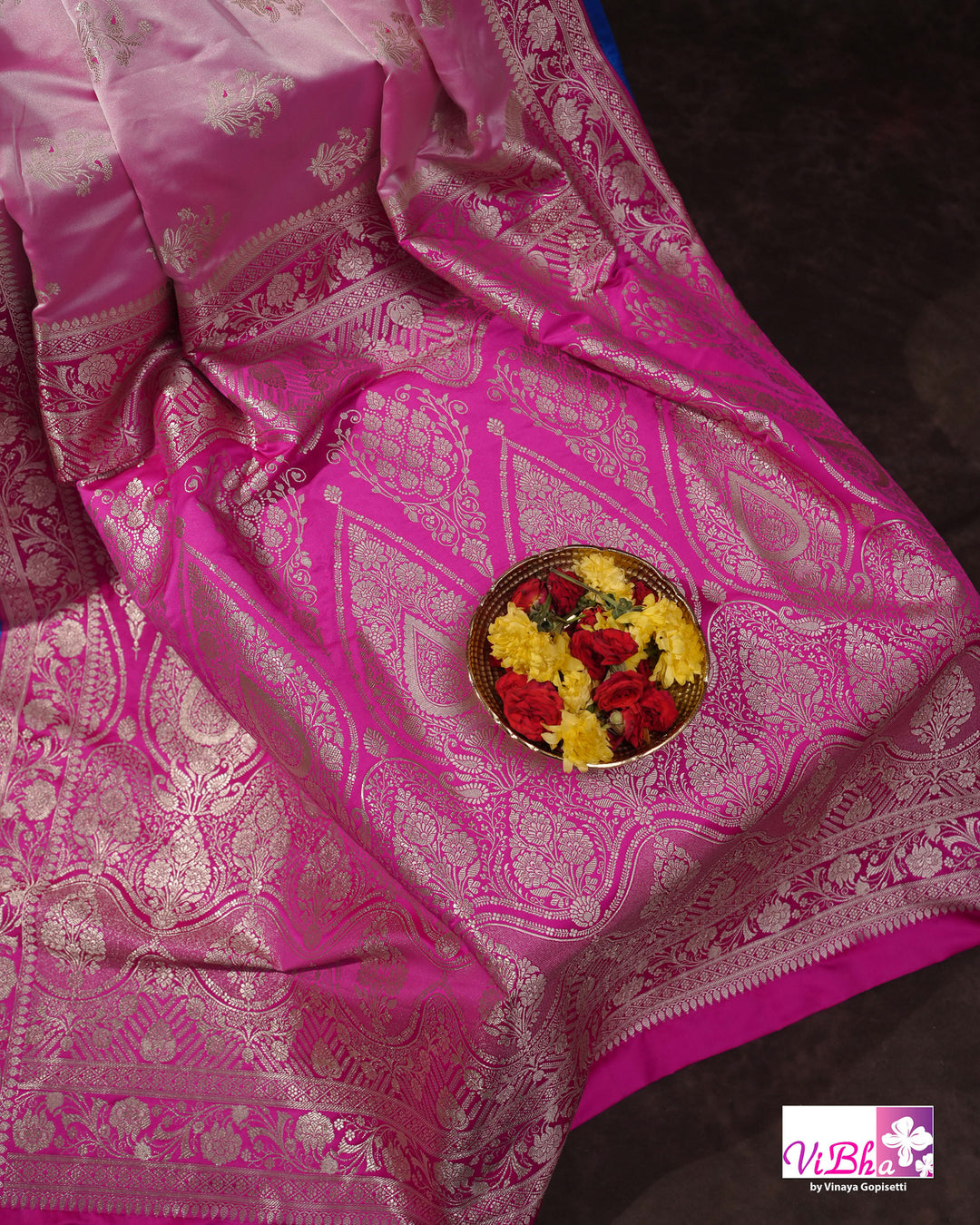 Light and dark pink with blue edge Banarasi silk saree