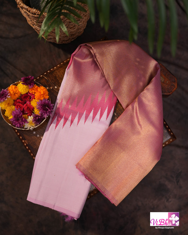 Baby Pink Kanchi Silk Saree with Blouse &amp; Zari Temple Border