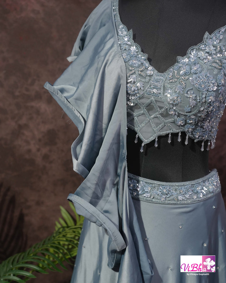 Dusty Blue Embroidered Lehenga Set With Ruffle Dupatta