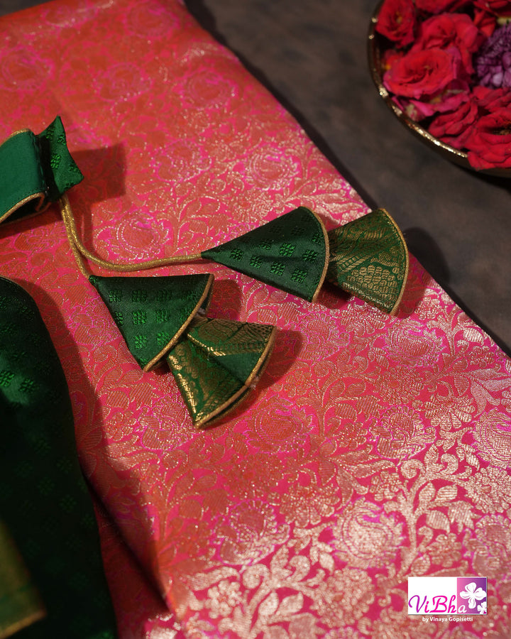 Coral Pink Kanchi Silk Saree with Floral Woven Design and Forest Green Gold Border