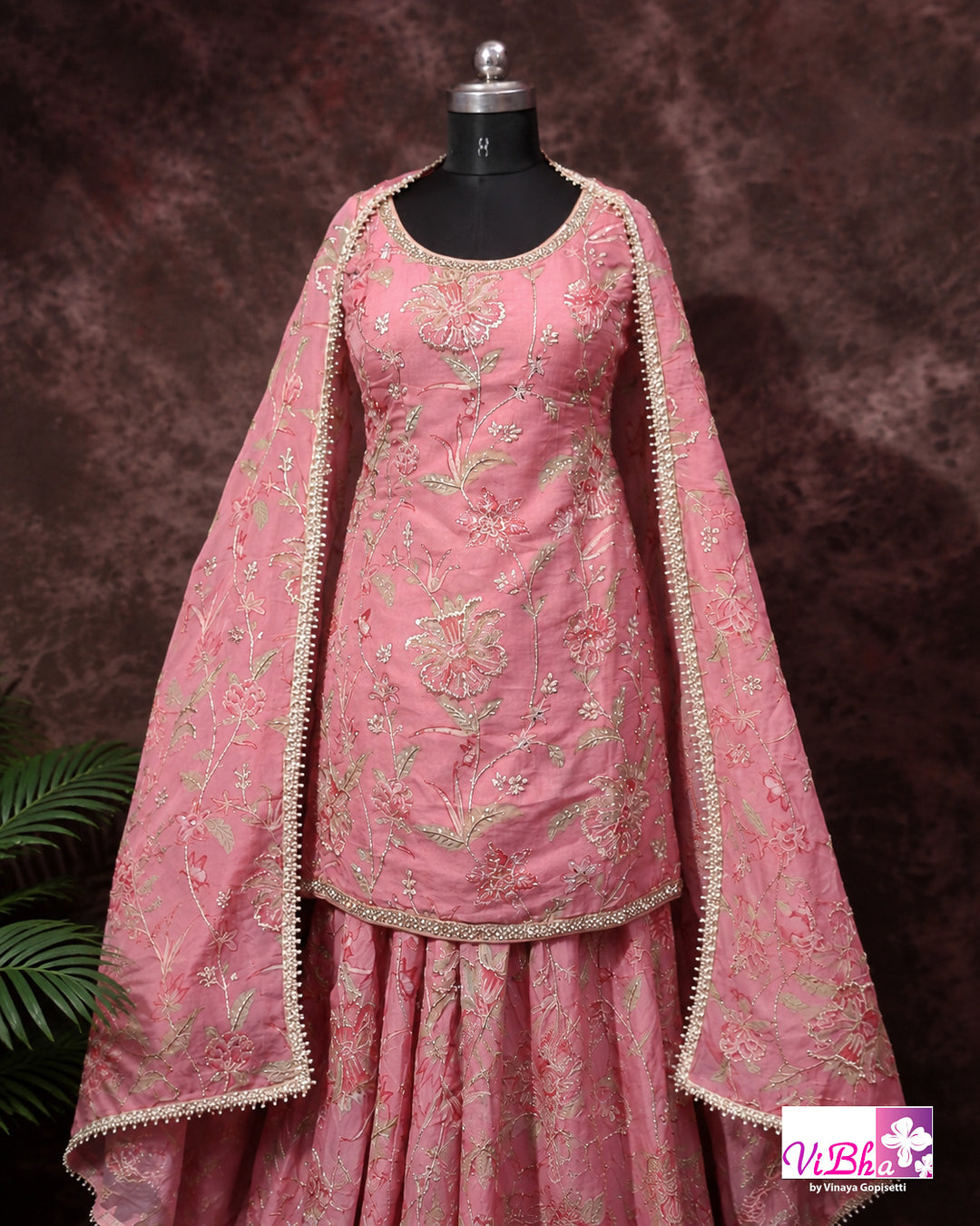 Peach Pink Floral Embroidered Sharara Set