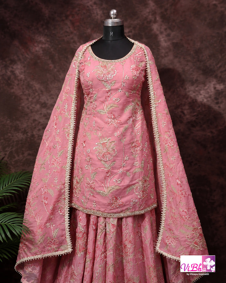 Peach Pink Floral Embroidered Sharara Set