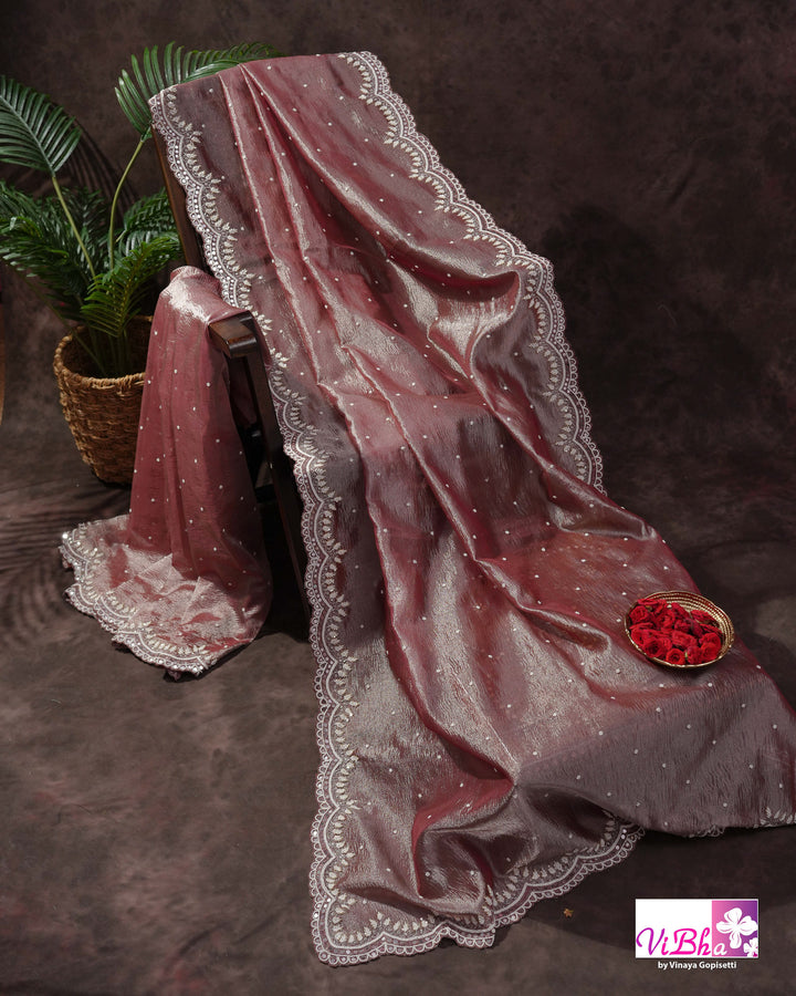 Rose Mauve Shimmer Designer Saree with Embellished Scalloped Leaf Border