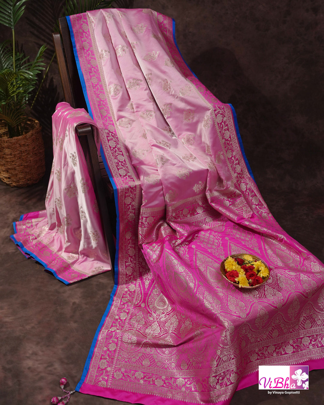 Light and dark pink with blue edge Banarasi silk saree