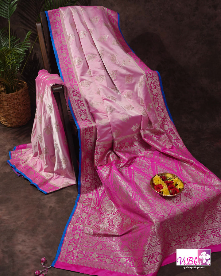 Light and dark pink with blue edge Banarasi silk saree