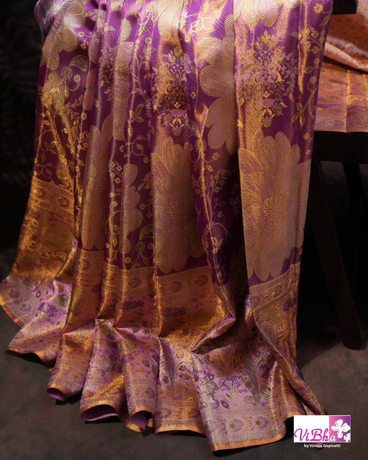Lavender Purple Bridal Kanchi Silk Saree with Intricate Meenakari Weaving and Blouse