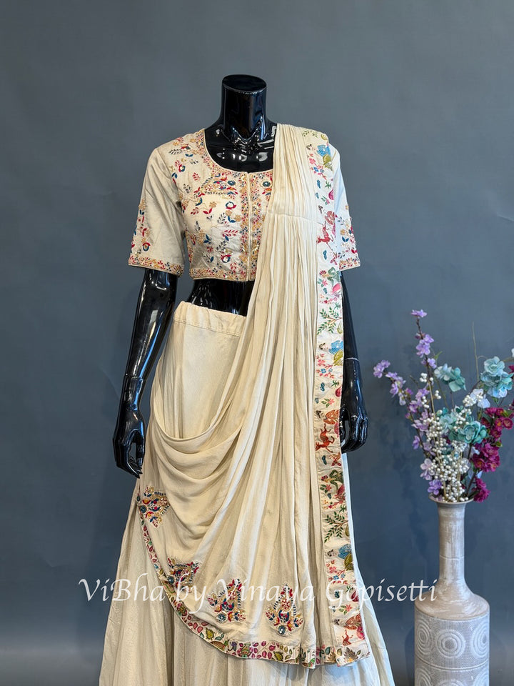 Cream and Multi Color Skirt Embroidered Draped Saree