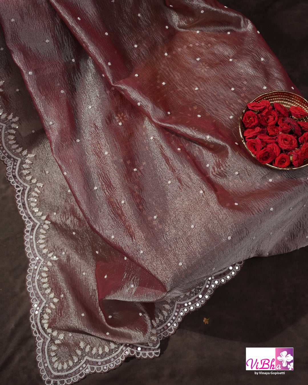 Rose Mauve Shimmer Designer Saree with Embellished Scalloped Leaf Border