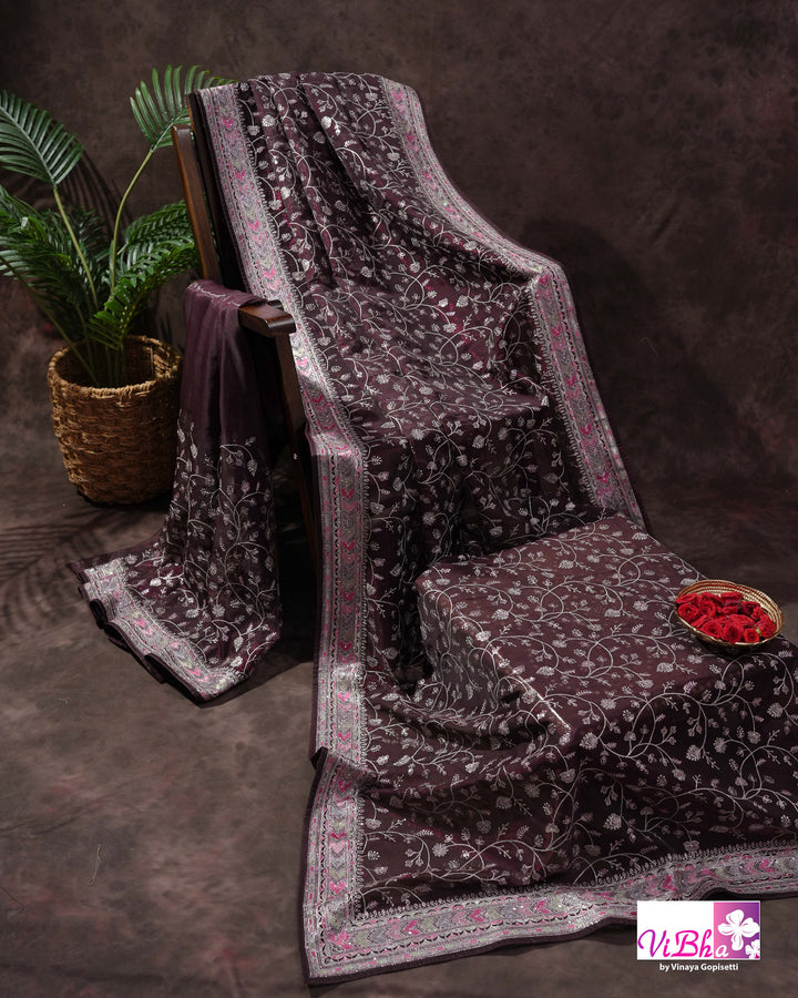 Deep Plum Designer Saree with All-Over Floral Vine Embroidery