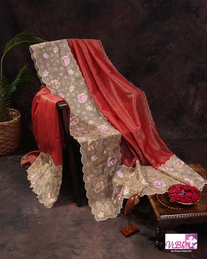 Red fancy banarasi with embroidered border
