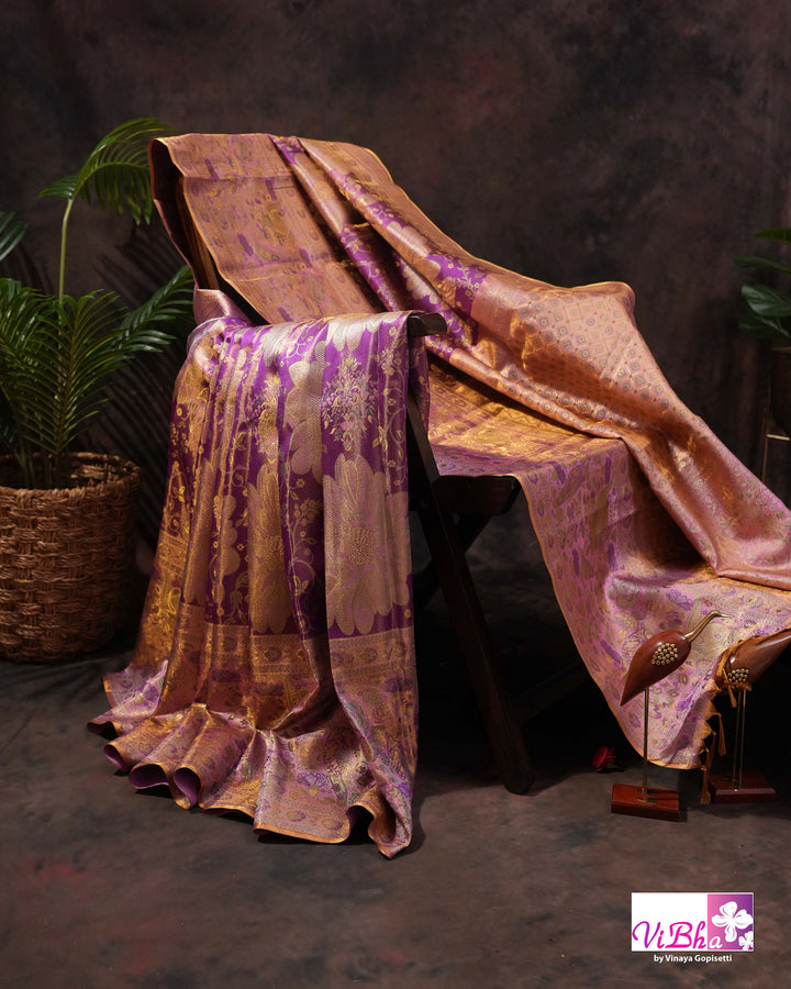 Lavender Purple Bridal Kanchi Silk Saree with Intricate Meenakari Weaving and Blouse