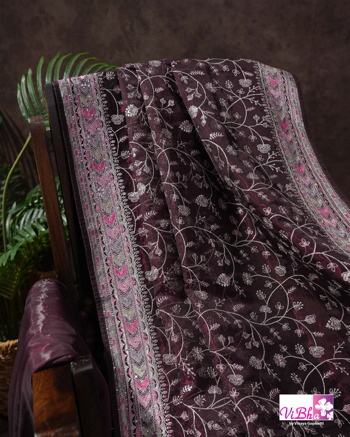 Deep Plum Designer Saree with All-Over Floral Vine Embroidery