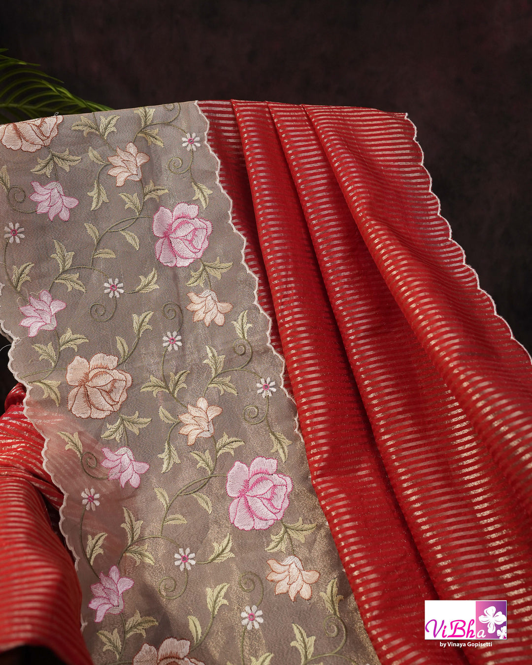 Red fancy banarasi with embroidered border